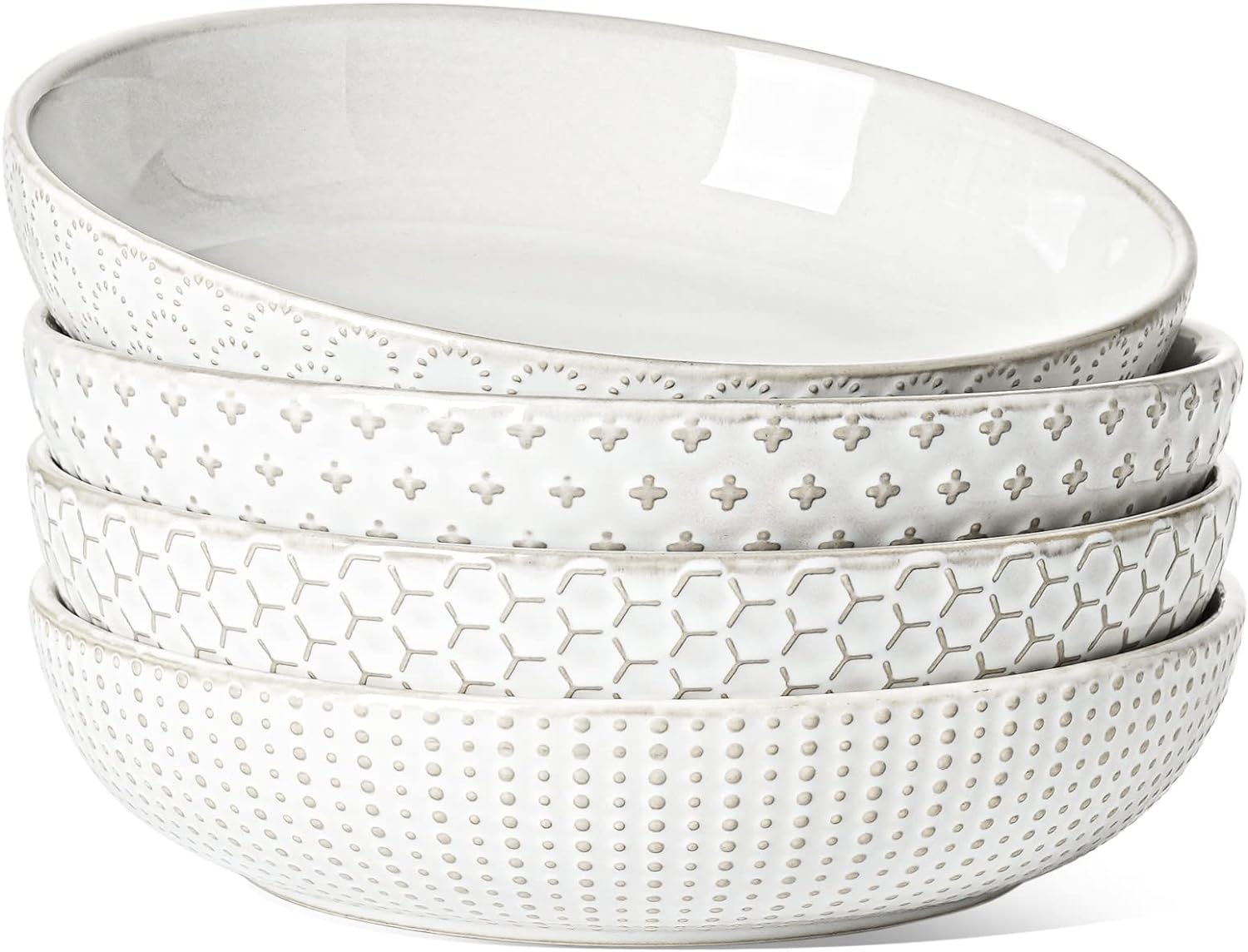 LE TAUCI Pasta Bowl 36 oz, Salad Bowl Serving Plate Bowls, Housewarming Wedding Present, Ceramic Embossment Bowl for Pasta, Fruits, Salad, Noodle, Dinner - 8 Inch, Set of 4, Arctic White
