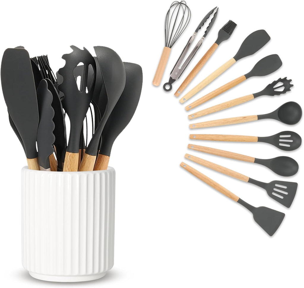 Kitchen Holder for Cooking Utensils, Kitchen Crocks for Storing Utensils (H5.51” x W4.92”), Flatware & Utensil Storage Spoon Stand Ceramic, Includes Silicone Drying Mat Milk Tea Color