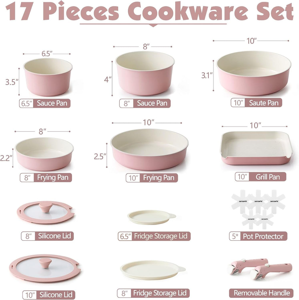 SENSARTE 17 Piece Ceramic Pots and Pans Set, Nonstick Detachable Handle Cookware, Induction Kitchen Cookware Set with Removable Handle, Dishwasher ＆ Oven Safe (Pink)