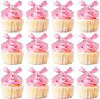 12 Pcs Mini Pink Pearl Bow Cake Toppers Pearl Bows Cake Decorations Ribbon Bowknot Birthday Cupcake Topper Pearls Bow Knot Ornament for Bachelorette Birthday Engagement Wedding Party Supplies