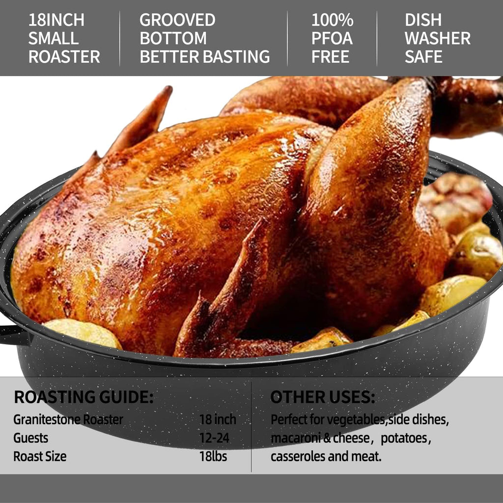 Granite Roasting Pan, 18” Enameled Roasting Pan with Domed Lid. Oval Turkey Roaster Pot, Broiler Pan Great for Turkey, Chicken, Lamb, Vegetable. Dishwasher Safe Cookware Fit for 18Lb Turkey by Kendane