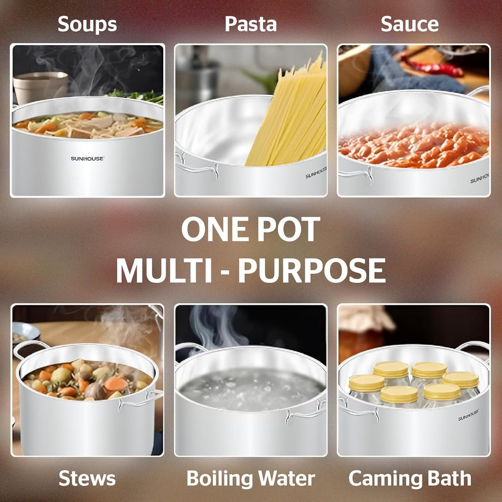 SUNHOUSE Stainless Steel Stock Pot – 12.6 Quart Heavy-Duty Induction Cooking Pot with Glass Lid for Pasta, Soup, Spaghetti – Thick-Bottom Large Stockpot for Boiling, Simmering, Canning