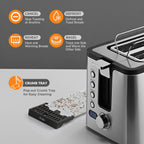 Mecity Toaster 2 Slice Stainless Steel with Countdown Timer, Bagel / Defrost / Reheat / Cancel Functions,Warming Rack, Removable Crumb Tray, 6 Browning Settings, Extra Wide Long Slots, Bread Toaster, 800 Watts