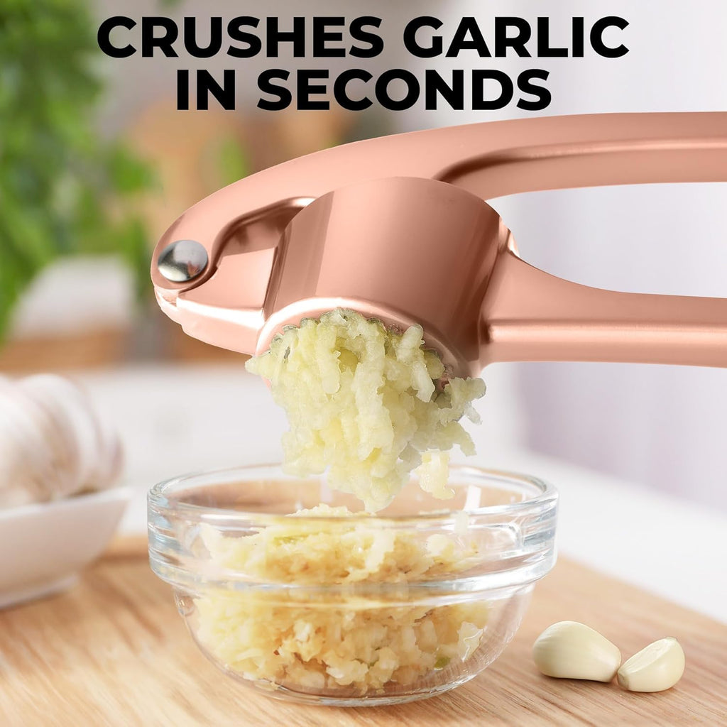Zulay Kitchen Large Premium Garlic Press Set - Bigger Bowl for Bigger Garlic - Rust Proof & Dishwasher Safe Garlic Mincer Tool - Easy-Squeeze, Easy-Clean Silicone Garlic Peeler & Brush (Rose Gold)