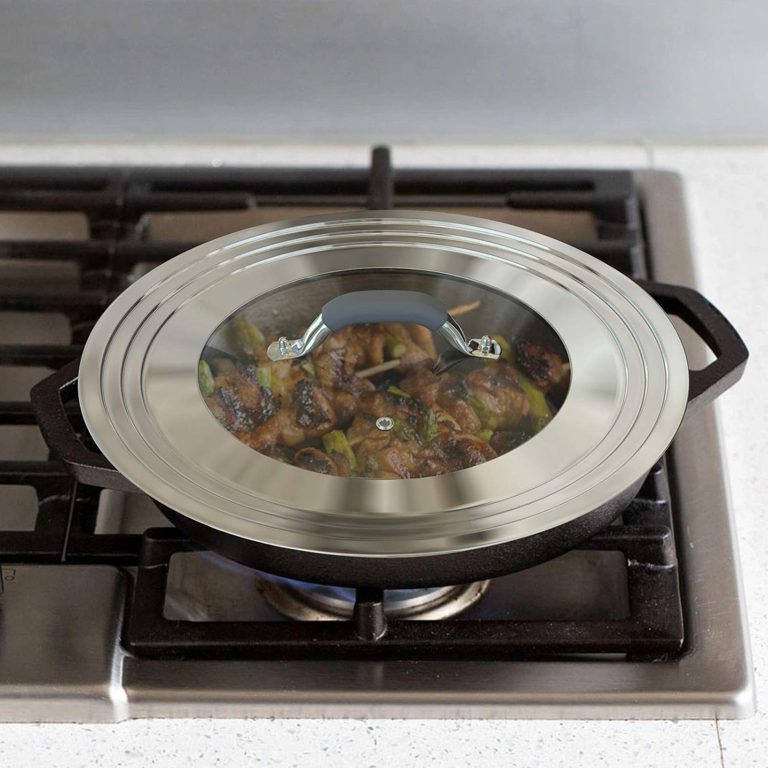 Universal Pans Pots Lid Cover Fit All 8.25 Inch to 12 Inch Pots/Pans/Woks Stainless Steel and Glass Lid with Heat Resistant Knob, Gray