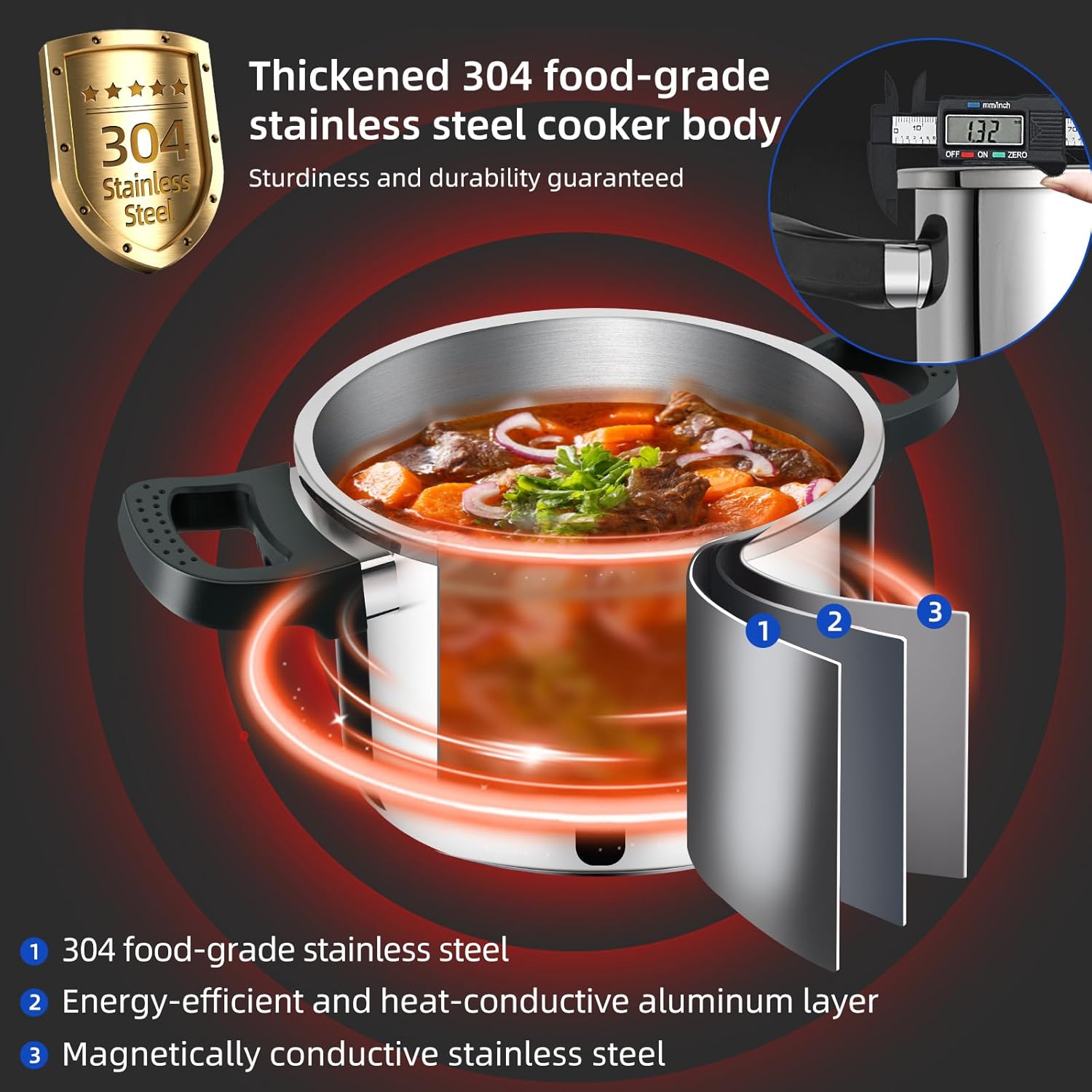 6.3 QT Pressure Cooker, 304 Stainless Steel - Explosion-Proof Lock, One Hand Operation, Fast Cooking, Dishwasher Safe & Induction Compatible, Family Size Cookware
