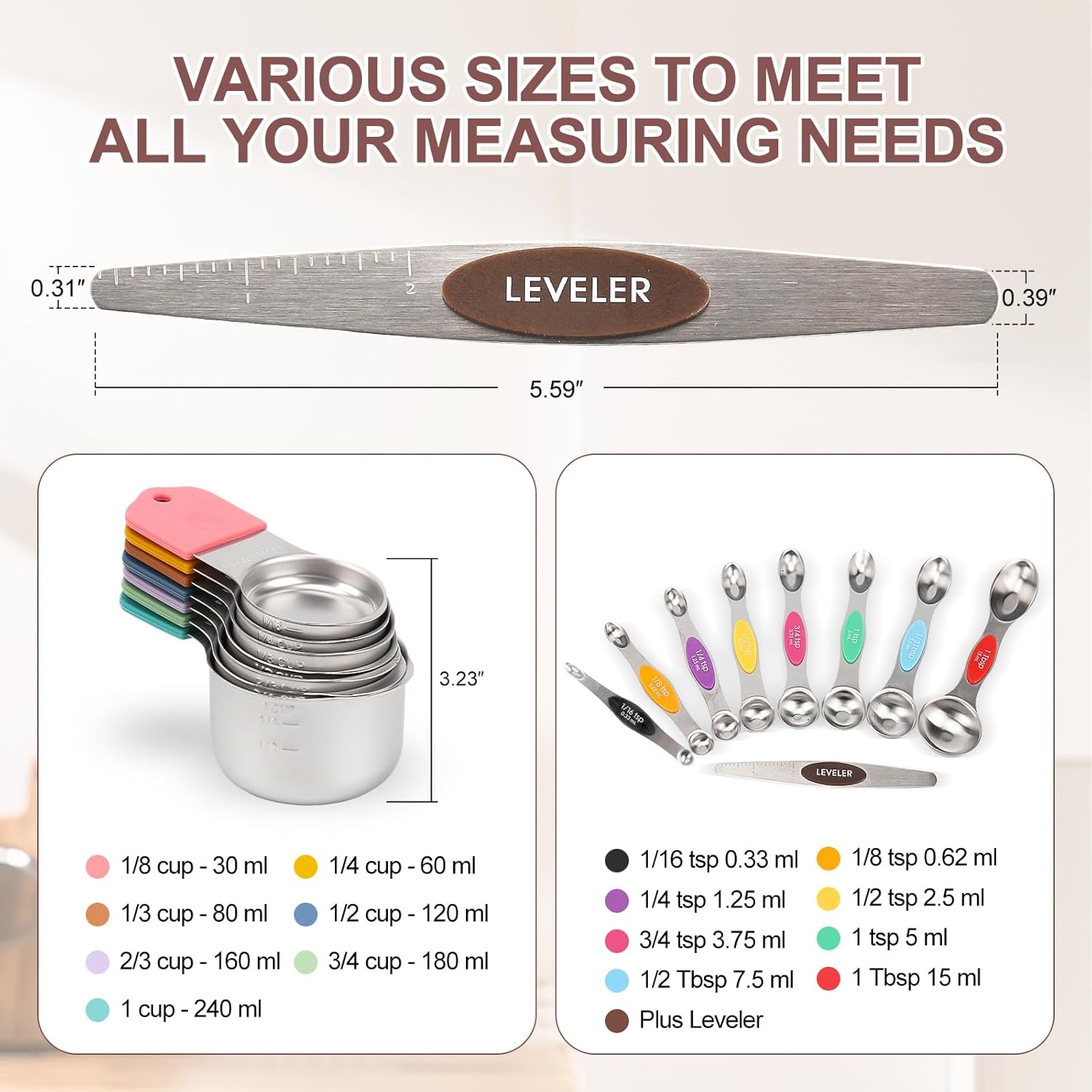 16-Piece Stainless Steel Measuring Cups and Spoons Set, Strong Magnetic Nesting Design 7 Cups 8 Spoons with Leveler, Double Measurement Markings for Dry & Liquid Ingredients, Colorful
