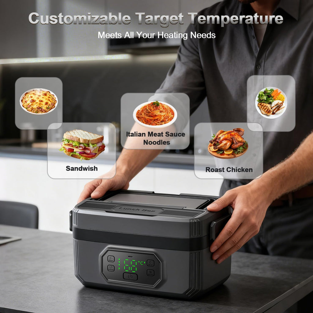 1.6L Cordless Electric Lunch Box - 24000mAh Heated Lunch Box Battery Powered with Automatic Heating, 9-Timer & 5-Temp Setting, Leakproof 304 Stainless Steel Container, Perfect for Office/Truck/Outdoor