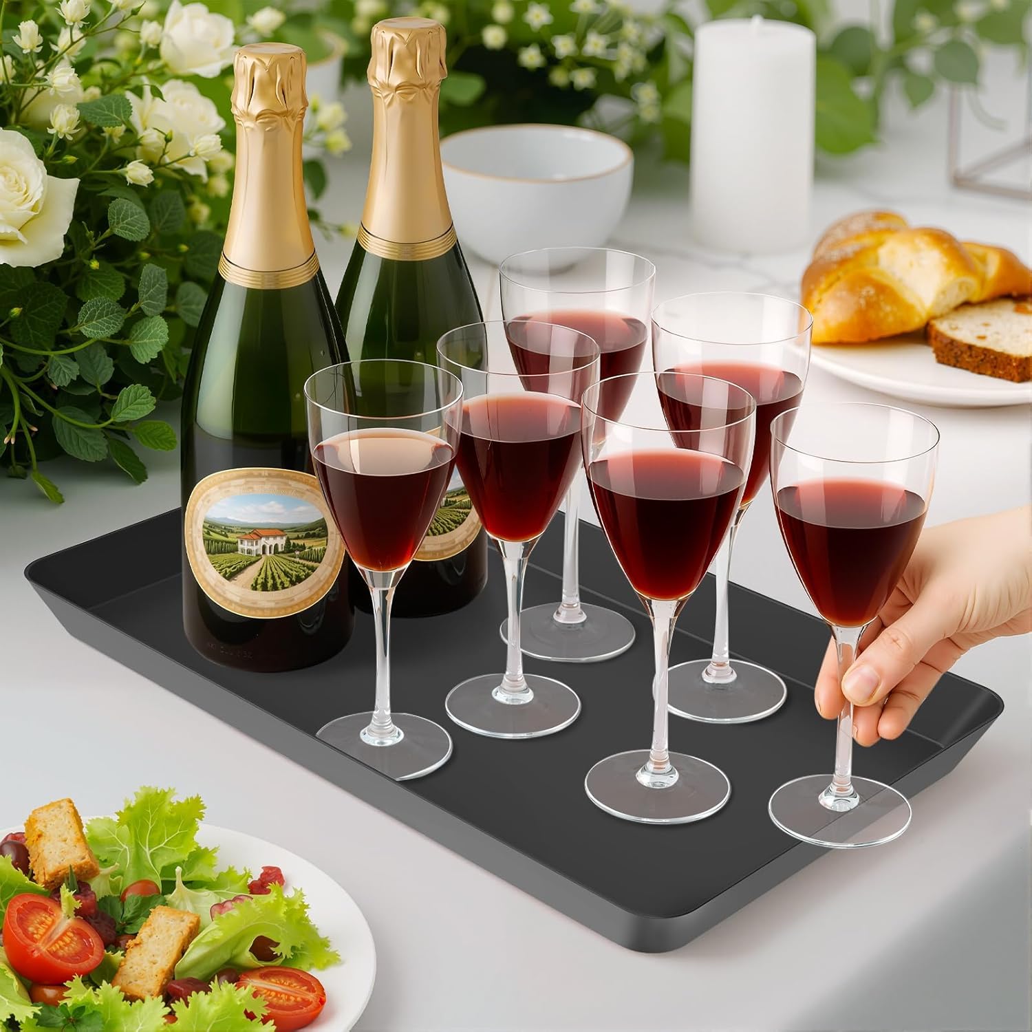 WOWBOX 10 pcs Serving Tray for Entertaining, Serving Platters for Snacks, Fruit, Cookies, Dessert, Reusable Plastic Trays for Serving Food and Pantry Organization in Kitchen & for Parties, (Black)