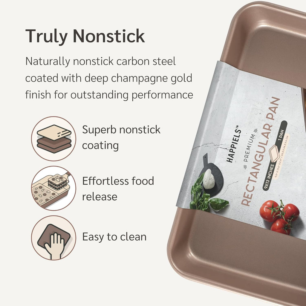 Nonstick Non Toxic 9x13 in Baking Pan for oven | Cake Mold 9 x 13 Non Stick Nontoxic | Carbon Steel Gold Brownies Pans 13x9 inches | Rectangle Brownie Tray 9 by 13 inch | Baking Ware