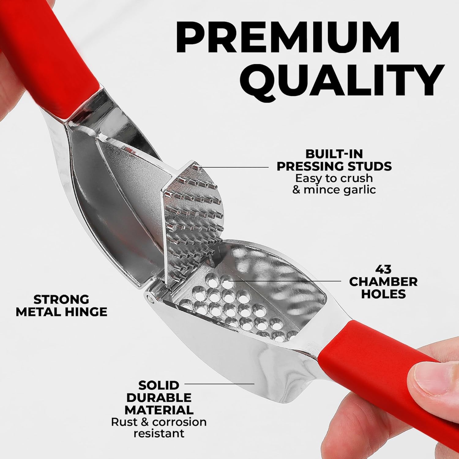 Zulay Kitchen Comfort Grip Garlic Press - Garlic Mincer Tool - Garlic Crusher - Garlic Press Mincer Rust Proof, with Soft Ergonomic Handle, Easy Clean Set with Peeler and Brush - Red