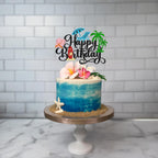 Gyufise 1Pcs Summer Beach Happy Birthday Cake Topper Glitter Ball Tree Umbrella Pool Cake Pick for Hawaiian Holiday Baby Shower Birthday Party Cake Decorations Supplies Black