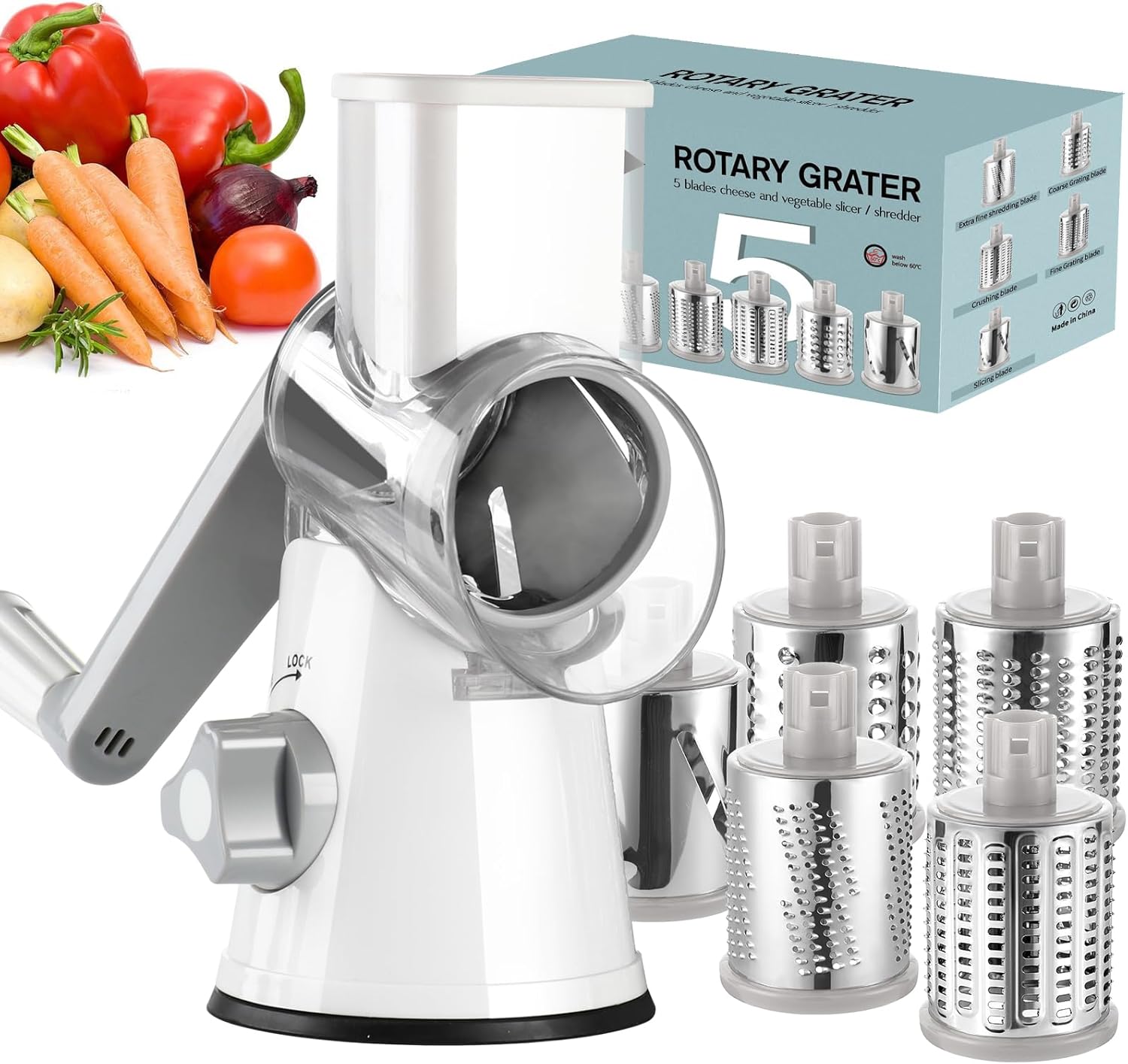 Ourokhome Rotary Cheese Grater Hand Crank, Kitchen Shredder Speed Mandolin Slicer Ice Shaver with Handle and Drum Blades for Cheese, Vegetable, Nuts, Chocolate, Potato, Carrot, 5 Blades, White