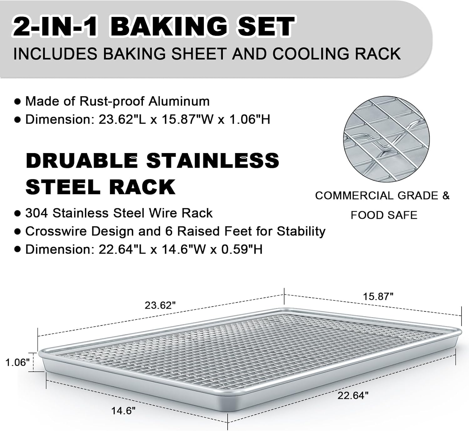 24 Inch Baking Sheet Pans with Rack Set, Natural Aluminum Cookie Sheet, Extra Large Commercial Quality Baking Sheet Pan Set, Warp Resistant Nonstick Thick Cookie Tray Pans for Baking, Roasting