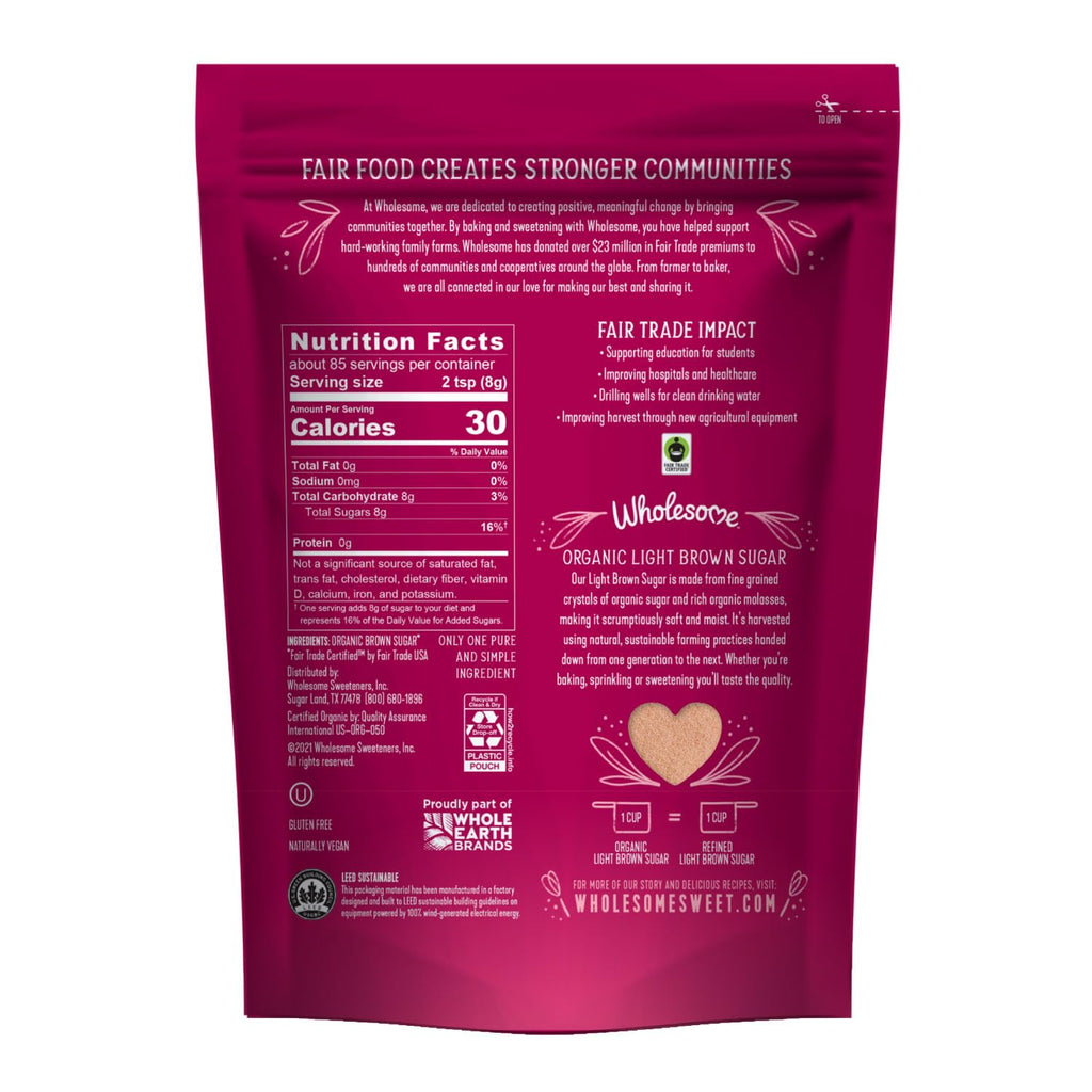 Wholesome Sweeteners 24-Ounce Organic Light Brown Sugar, Fair Trade, Non GMO, Gluten Free & Vegan, Sugar for Baking and Glazing, 1 Pack