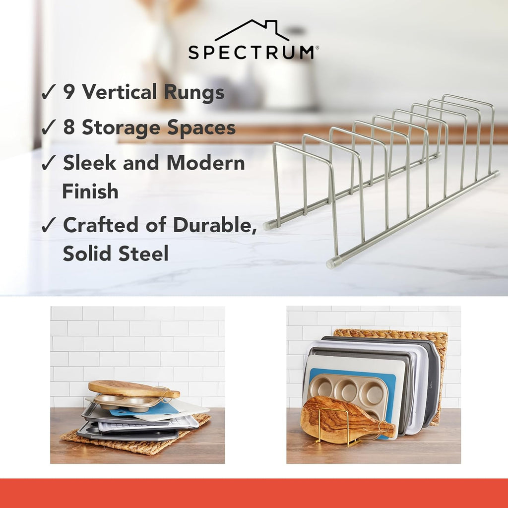 Spectrum Euro Cutting Board Holder Stand for Countertop or Inside Kitchen Cabinet Organization Satin Nickel, 8 Slot Cutting Board Drying Rack or Cabinet Plate Bakeware Storage Organizer