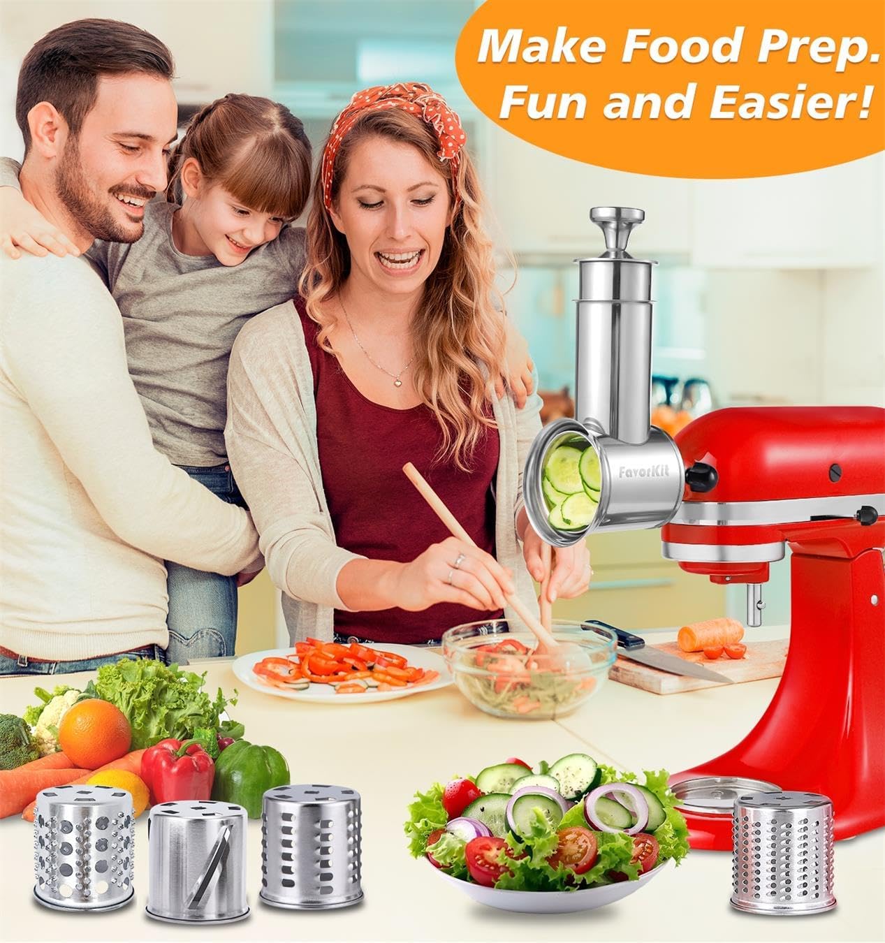 Stainless Steel Salad Maker Attachment for KitchenAid Mixers, Large Slicer Shredder & Cheese Grater Accessories with 4 Blades,Dishwasher Safe