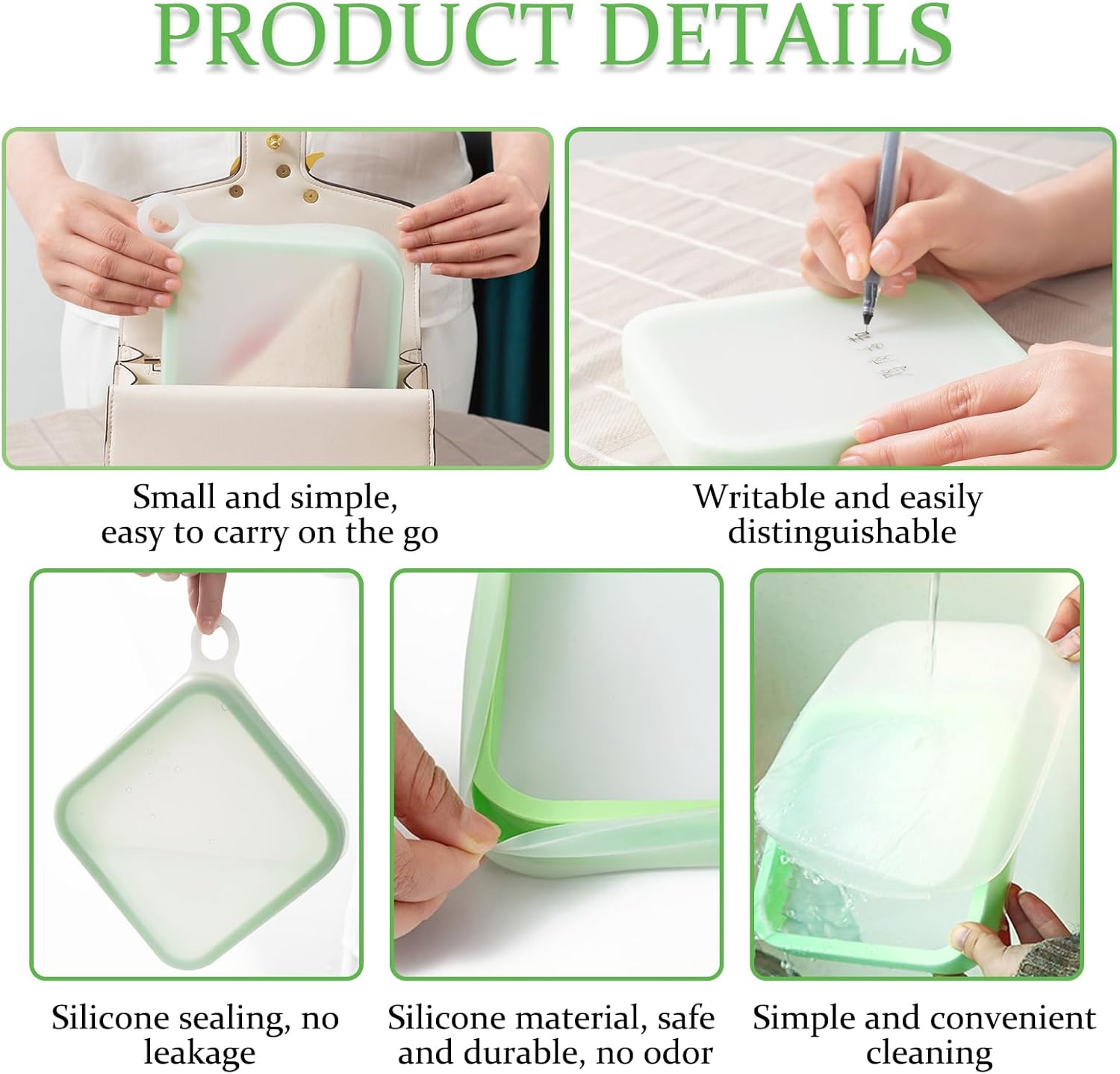 3 Pcs Sandwich Containers, Silicone Sandwich Storage for Lunch Boxes, BPA Free, Leakproof, Reusable Sandwich Holder for Fruit,Salad,Snacks and Food Storage, Microwave Freezer & Dishwasher Safe (Green)