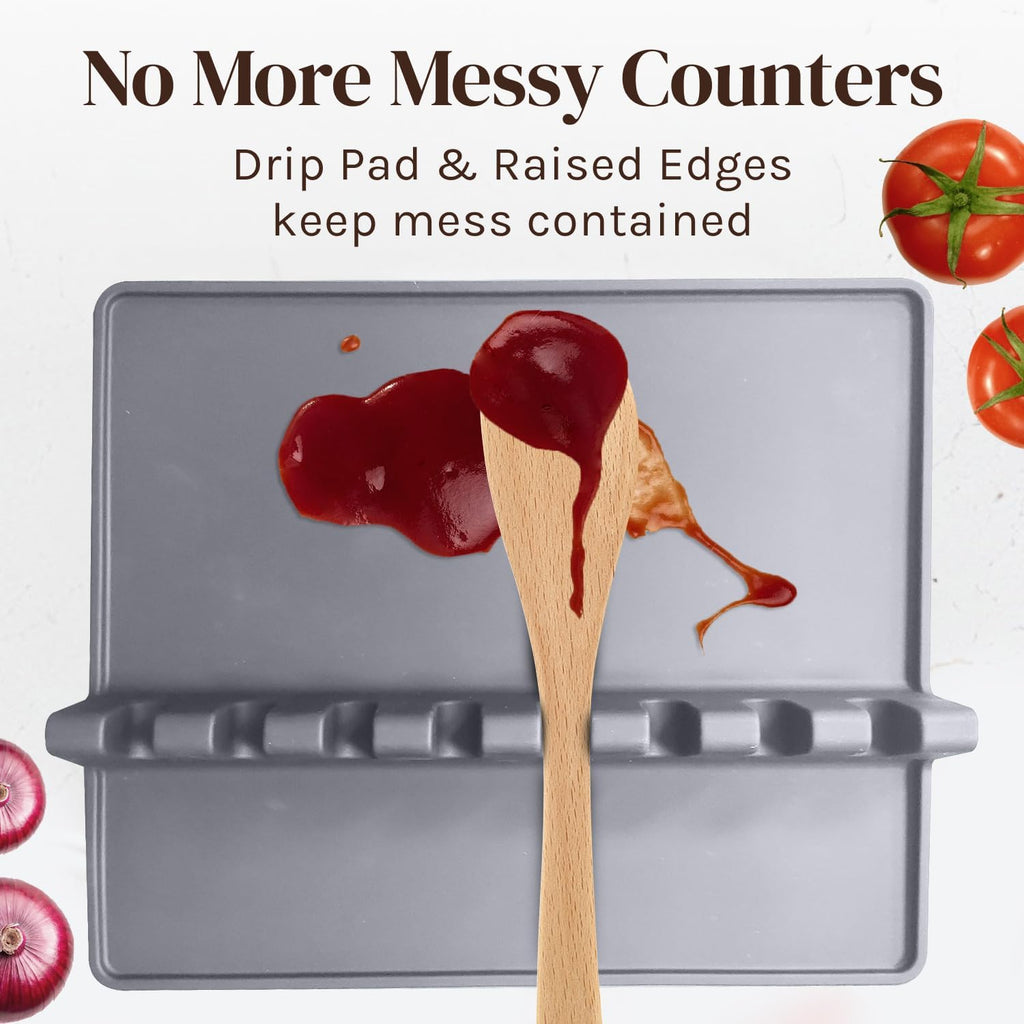 Silicone Spoon Rest for Stove Top with Drip Pad (1 Pack) - Extra Large Grey Heat-Resistant, BPA-Free Utensil Rest for Kitchen Counter - Utensil Holder for Spatulas, Tongs, Ladles and Kitchen Gadgets