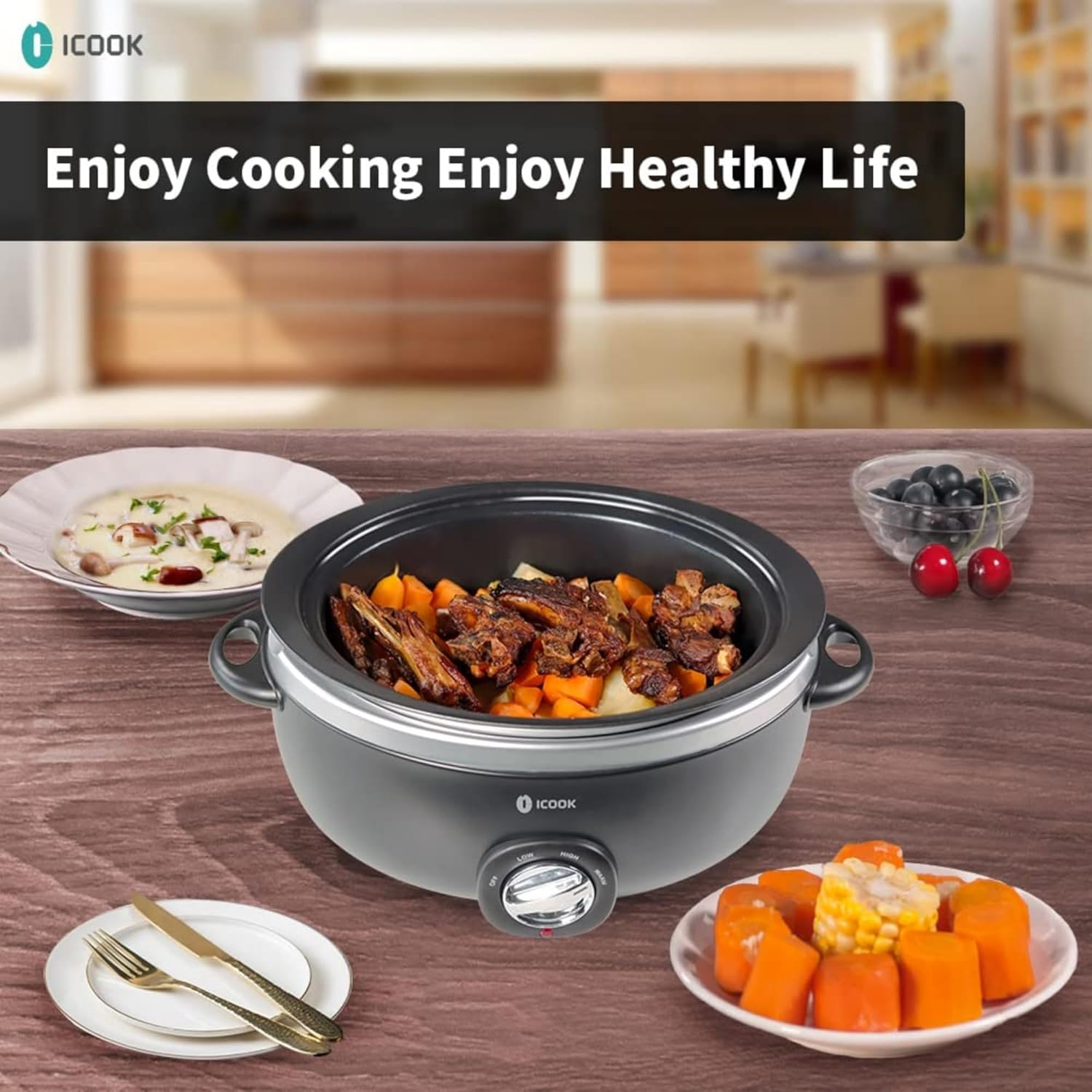 ICOOK 6.5 Quart Slow Cooker, Simmer Pot with Transparent Glass Cover, Cooks Entrees, Adjustable Temp, Sauces, Soups, Roasts, Stews and Dips (Black)