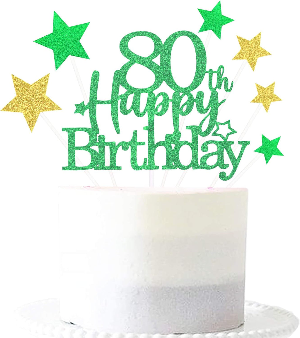 Glittery 80th Happy Birthday Cake Topper with Star,Personalised 80 Birthday Cake Toppers Party Decorations Party Supplies for Boys Girls Green Gold