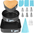 Springform Cake Pans Set, 3 PCS Non-stick Cheesecake Pan with Removable Bottom (8.6/9.4/10.2 Inches), Leakproof Heart Round Square Shapes Cake Pan with Piping Tips, Cake Leveler