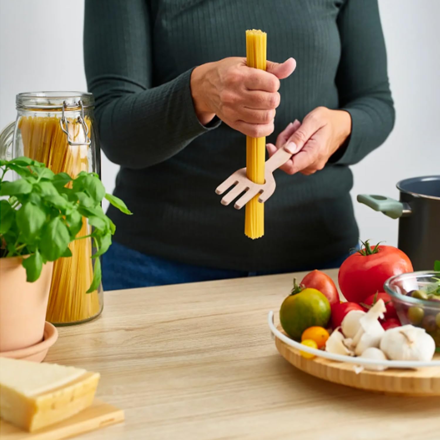 12'' Birch Pasta Forks, 2-Pack - Hand Shaped Spaghetti Server with Measuring Hole for Perfect One-Serving Portion, Natural Wood Cooking Utensils for Pasta Salad, Long Handle Noodle Spoon