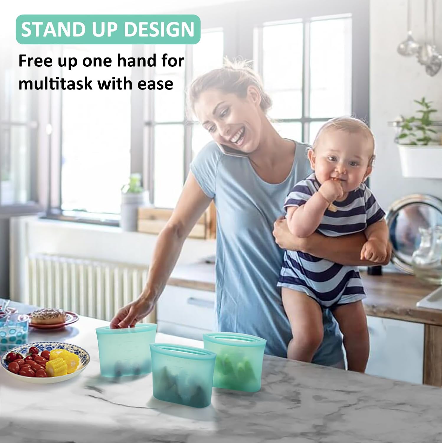 Reusable Snack Bags, 1 Pack, Stand Up 100% Silicone Reusable Storage Bag, Ziplock Silicone Food Storage Containers Snack Size, Freezer Microwave Oven Dishwasher Safe, Aqua, 16oz