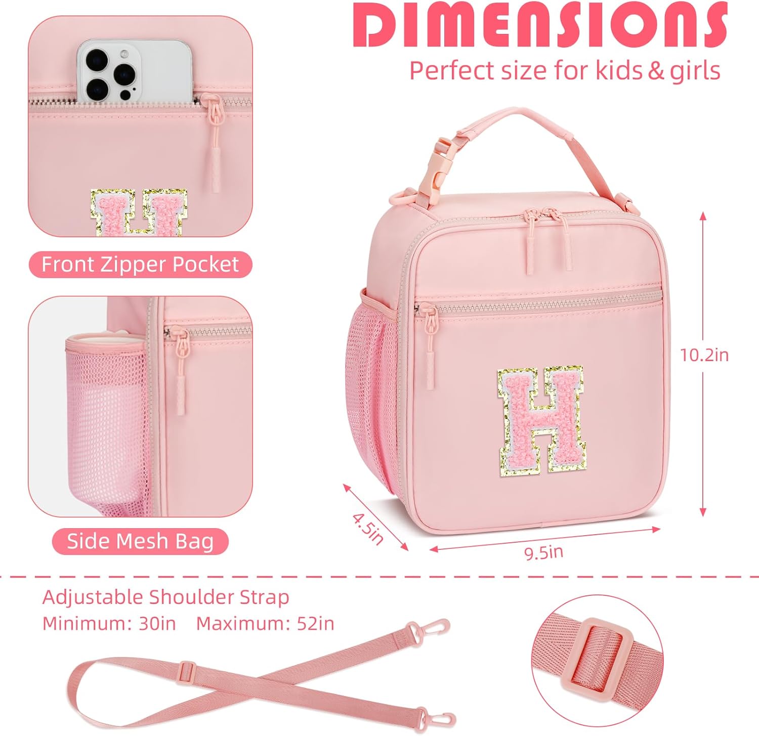 Initial Insulated Lunch Bag for Girls Kids, Back to School Gift, Reusable Leak-proof Lunch Box with Adjustable Strap for School Daycare Travel Picnic (Pink,H)