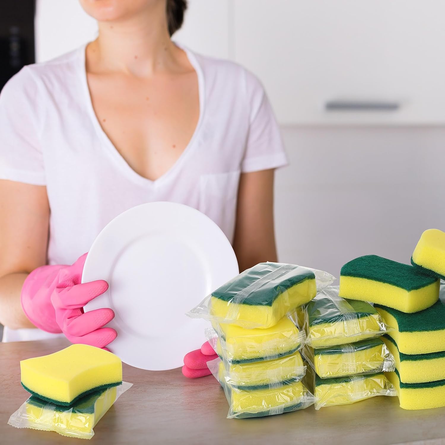 200 Pcs Individually Wrapped Sponges,Uncompressed Non Scratch Scrouing Sponges for Household Cleaning Dishes Kitchen Airbnb Apartment Car Bike