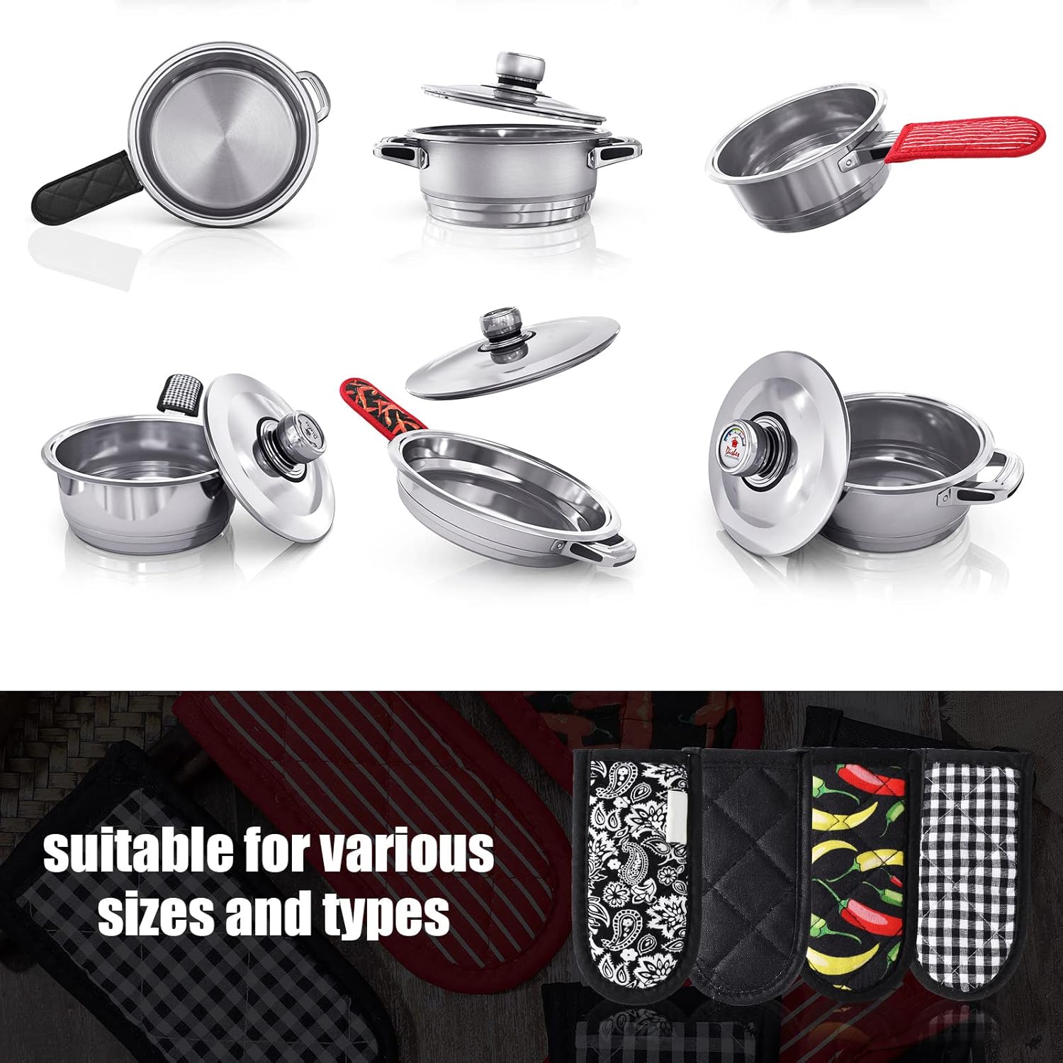 Geiserailie 8 Pieces Pan Handle Sleeve Heat Resistant Pot Sleeve Grip Non-Slip Skillet Pot Holder Machine Washable Cast Iron Handle Cover Cotton Assist Holder, 4 Styles, 3 x 6 Inch(Retro Style)