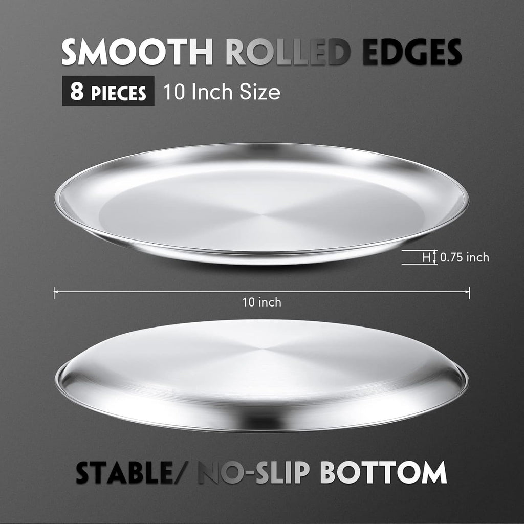 Thenshop 8 Pieces 10 Inch Pizza Pans Bulk Stainless Steel Sets Round Bakeware Pizza Trays for Oven Kitchen Baking Home Restaurant Picnics Holiday Activities Safe Sturdy Reusable Easy Clean(Silver)
