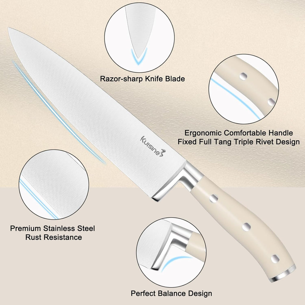 Kuisine Premium Sharp Knife Set,High Carbon Stainless Steel Ergonomic Handle,Knife Block Set with Built-in Sharpener(15PCS,Ivory)