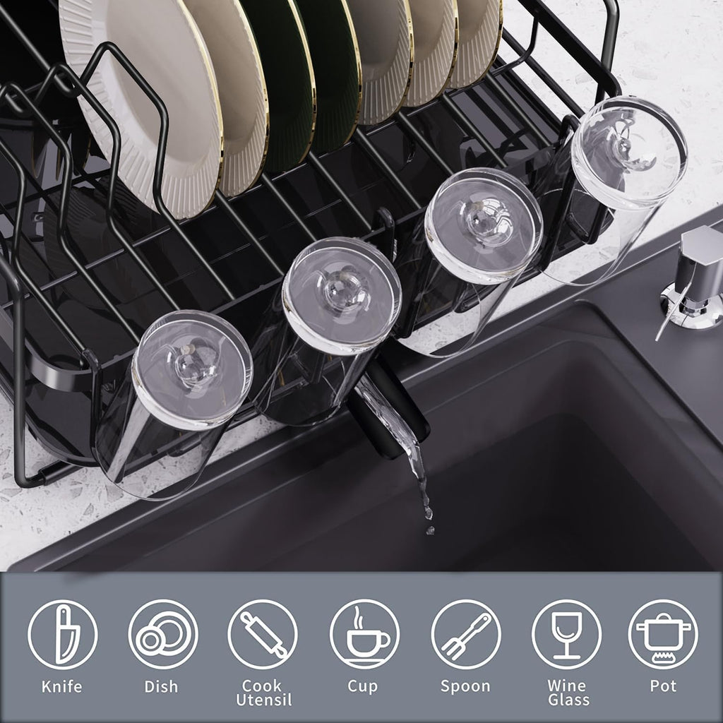 Runnatal Large Dish Drying Rack with Drainboard Set, Dish Rack, Extendable Dish Rack, Utensil Holder, Cup Holder, Expandable Dish Drainer for Kitchen Counter
