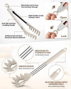 Spaghetti Spoon and Pasta Tong, Non-stick Silicone Spoon Server Fork with teeth and Stainless Steel Handle Spaghetti Tong, Food Clip for Spaghetti Noodle (KHAKI)