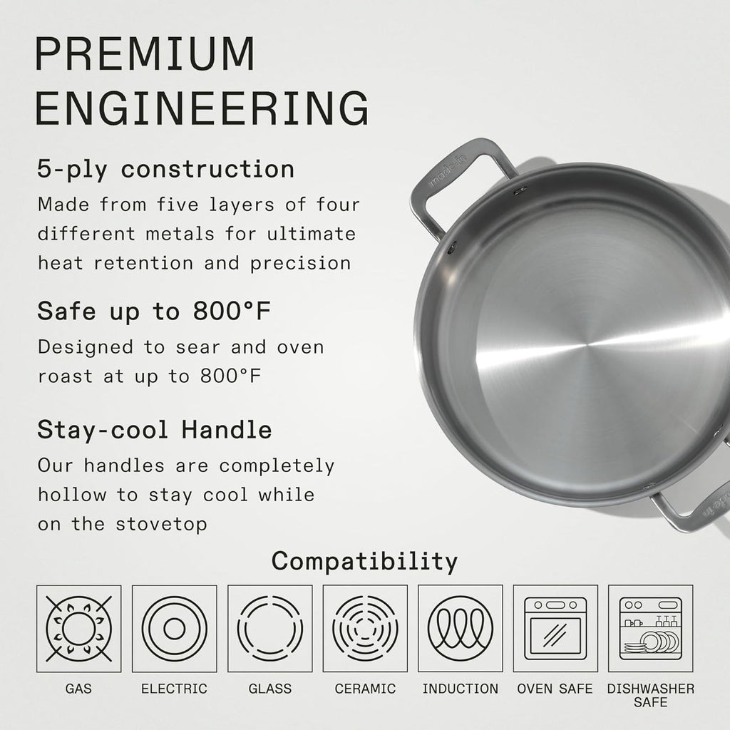 Made In Cookware - 6 Quart Stainless Steel Rondeau Pot w/Lid - 5 Ply Stainless Clad - Professional Cookware - Crafted in Italy - Induction Compatible