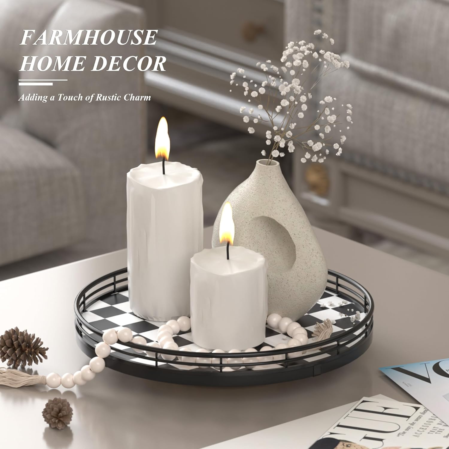 Black and White Kitchen Lazy Susan Turntable – Checkered Round Decorative Tray, 10” Table Top Oak Wood Lazy Susan for Cookies, Dining Table Organizer, Small Kitchen Table Centerpiece