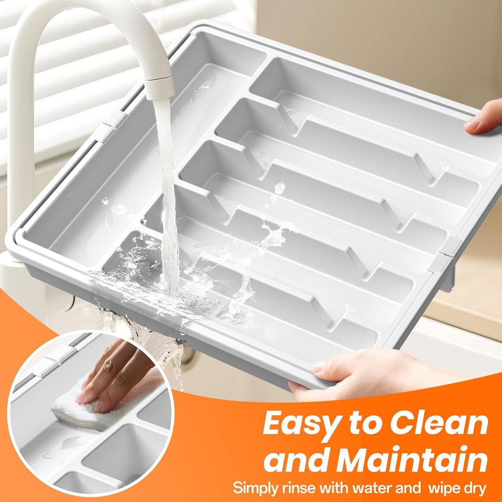 Large Silverware Organizer,Expandable Utensil Drawer Organizer,BPA Free Utensil Holder,Adjustable Silverware Tray Cutlery Drawer Organizer for Kitchen Flatware,Large,White,2 Pack