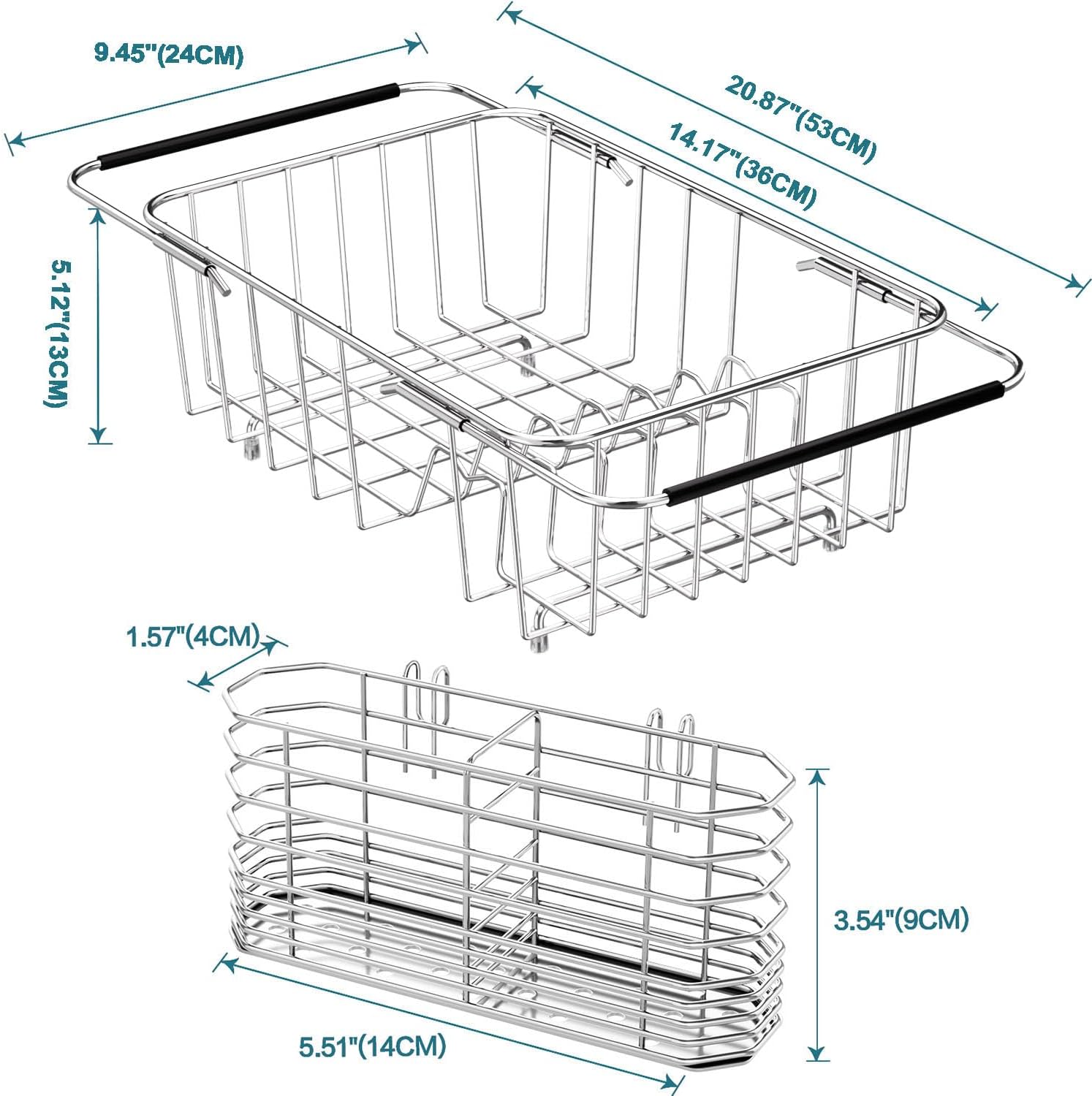 Small Dish Drainer Rack in Sink Adjustable, Expandable 304 Stainless Steel Metal Dish Drying Rack Organizer with Stainless Steel Utensil Holder Over Inside Sink Counter, Rustproof(For 1-2 People)