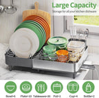Dish Drying Rack for Kitchen Counter, 304 Stainless Steel Dish Rack, Expandable Dish Drainer, Foldable Dish Strainer, Extendable Dish Drainer Rack with Cutlery Holder, Kitchen Plate Rack