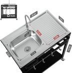35” Outdoor Grill Cart with Sink, Outdoor Kitchen Sink Station with Hose Hook Up, Free Standing Sink with Wheels, Stainless Steel Sink with Single Bowl, Outdoor Utility Sink with Faucet