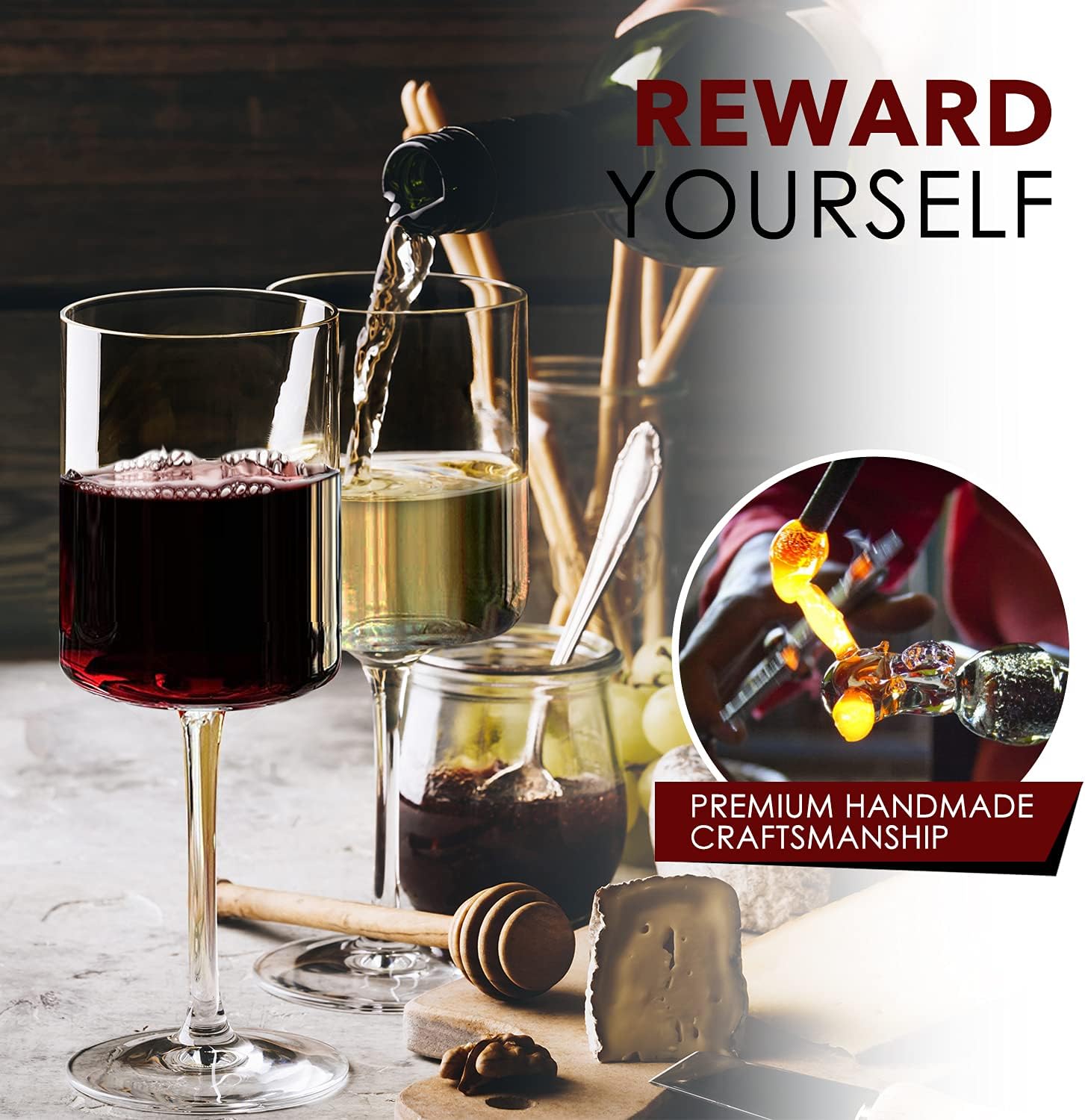 Chouggo Square Wine Glasses Set of 6, Hand Blown Crystal Red Wine or White Wine Glass 11.4Oz - Hand Crafted by Artisans - Gifts for Women, Men, Wedding, Anniversary, Christmas, Birthday