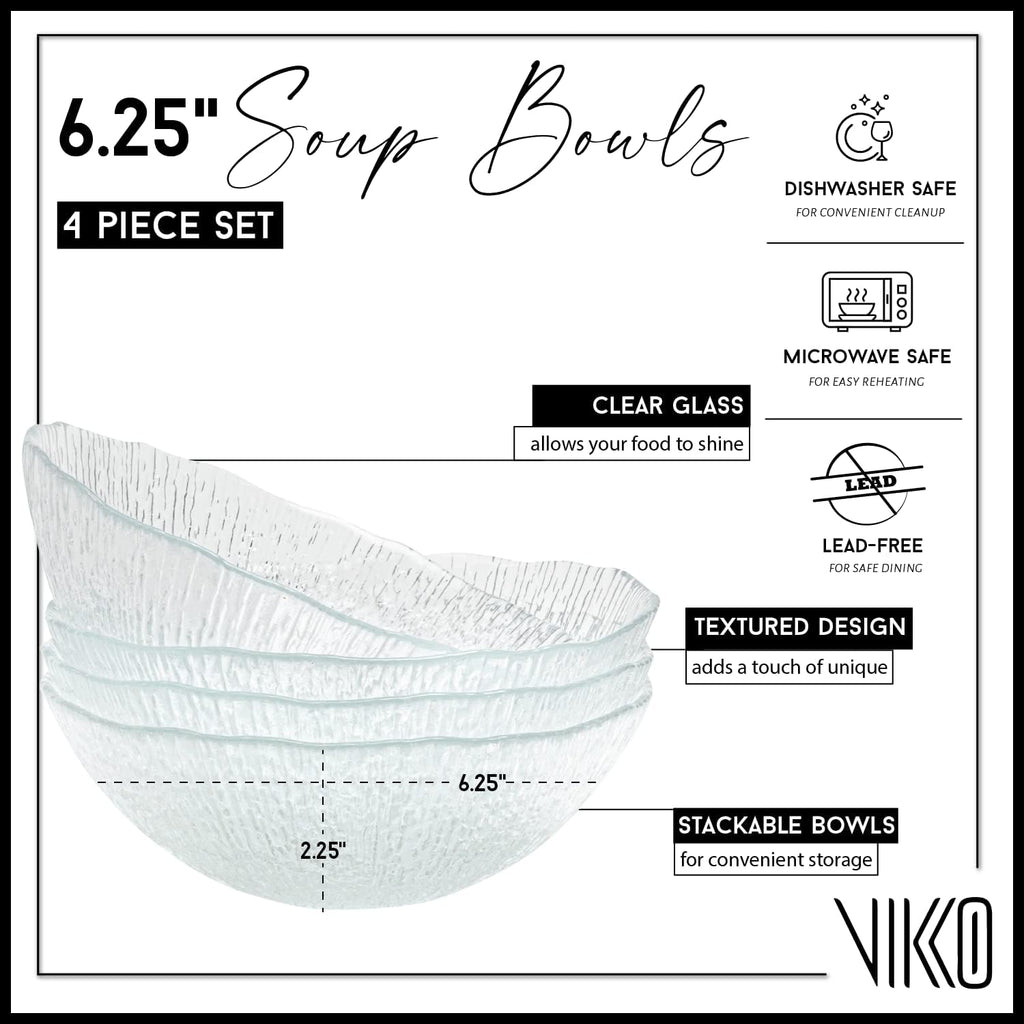 Vikko Soup Bowls, 6.25 Inch Salad Bowls, Glass Soup Bowls, Elegant Textured Glass Bowls, Set of 4, Dishwasher Safe