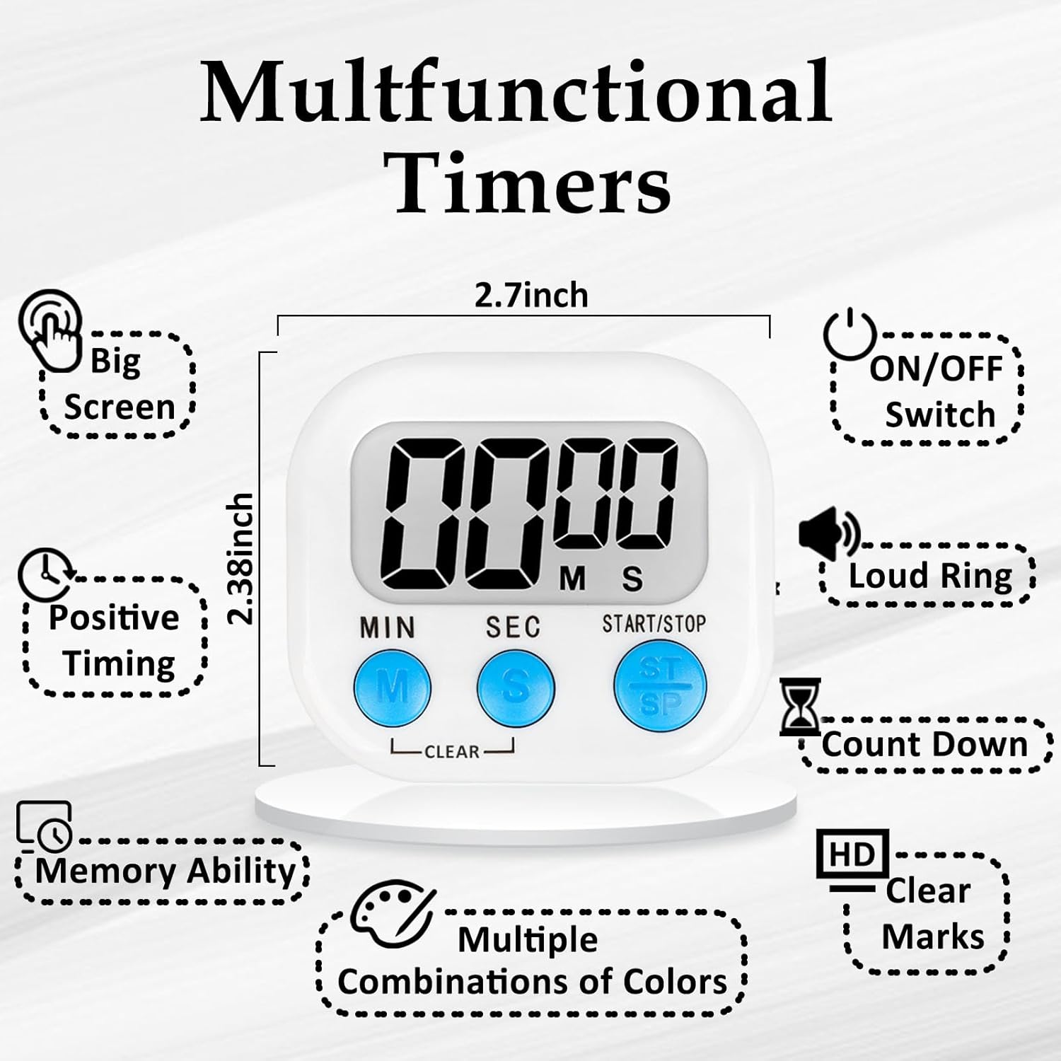 ZILLEEN 6 Pack Kitchen Timers for Cooking Digital Classroom Timers for Teachers Kids White Blue Green