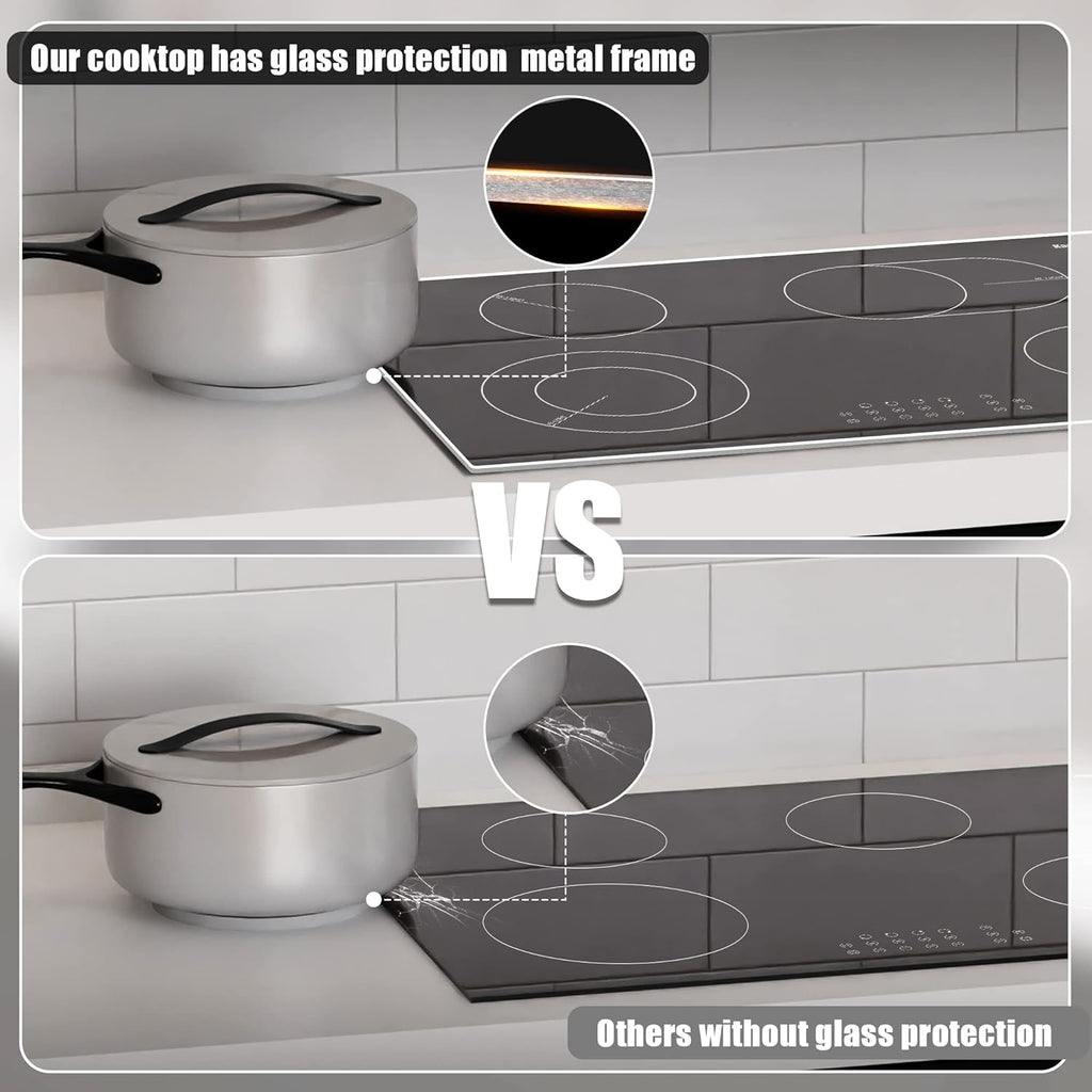 Karinear 30 Inch Electric Cooktop 4 Burners, Built-in Electric Stove top with Glass Protection Metal Frame, Expandable Burners, Multi-function Ceramic Cooktop, 220-240v Hard Wire, No Plug