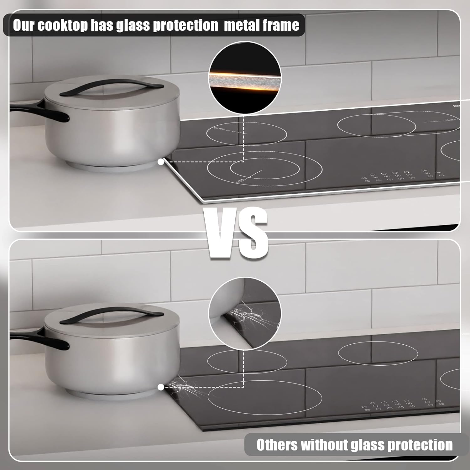 Karinear 30 Inch Electric Cooktop 4 Burners, Built-in Electric Stove top with Glass Protection Metal Frame, Expandable Burners, Multi-function Ceramic Cooktop, 220-240v Hard Wire, No Plug
