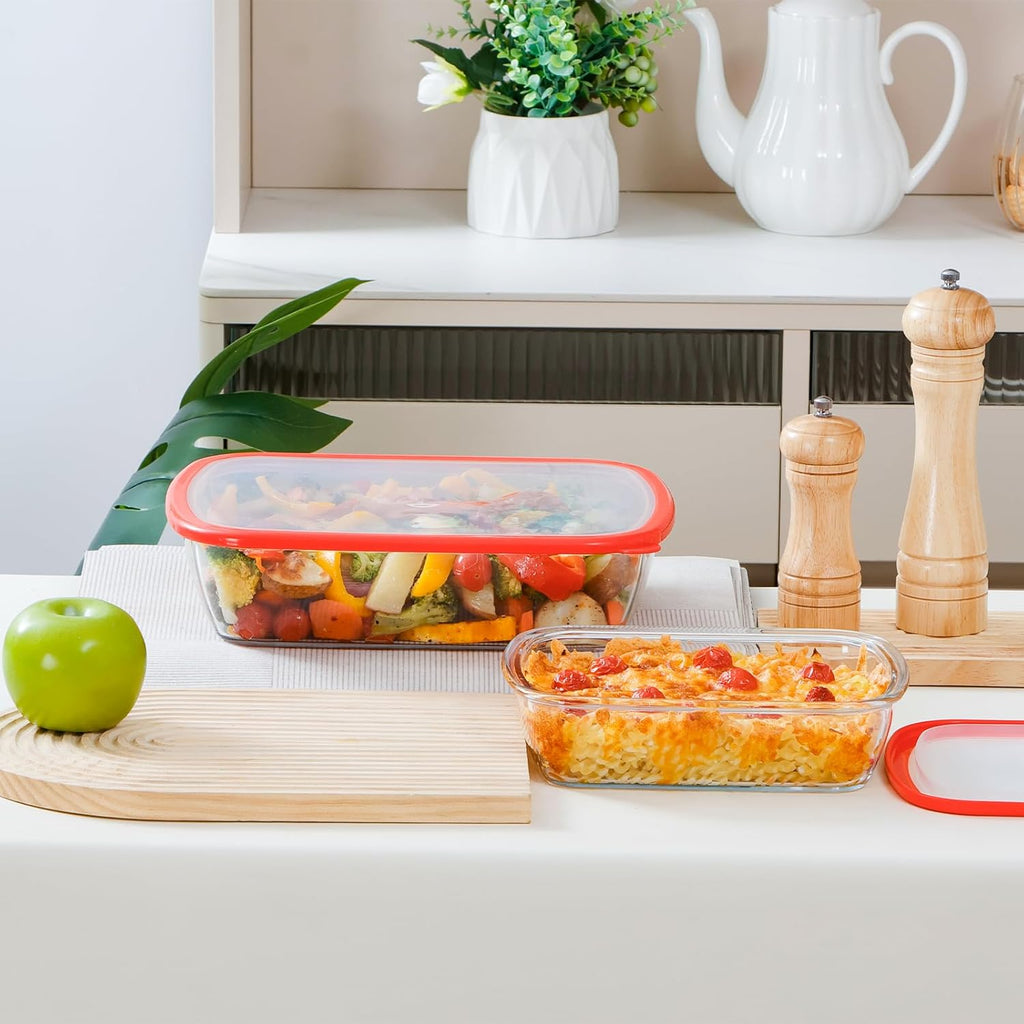 NUTRIUPS 2-Piece 9x11 & 9x6 Rectangular Glass Baking Dish with Lid Set, Deep Baking Pan, Oven Dishwasher and Microwave Safe (Tempered Glass, 1.3 QT, 3.2 QT)