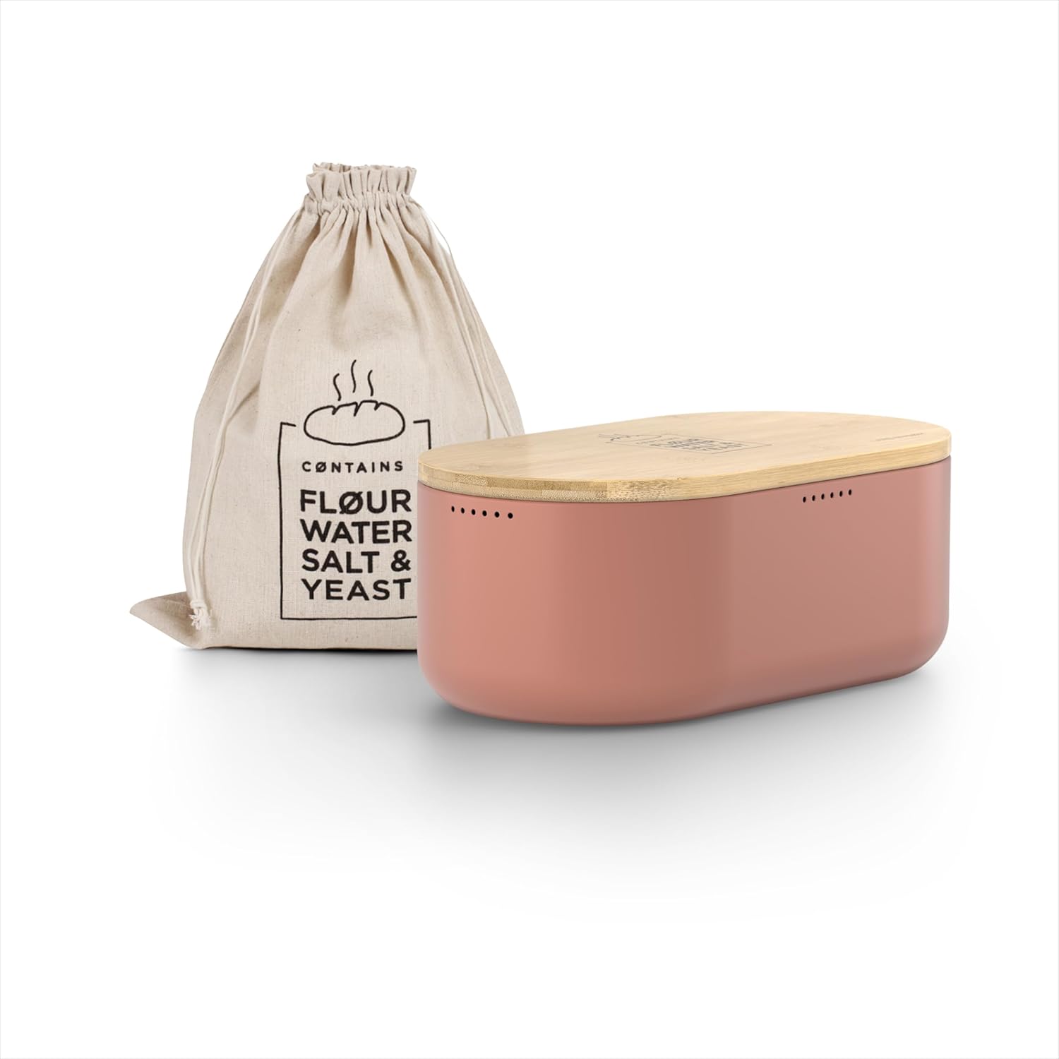 LARS NYSØM Bread Box I Metal Box with linen bag for long lasting freshness I Bread Bin with bamboo lid usable as cutting board I 14.2x7.5x5.1 In (Brick Red)