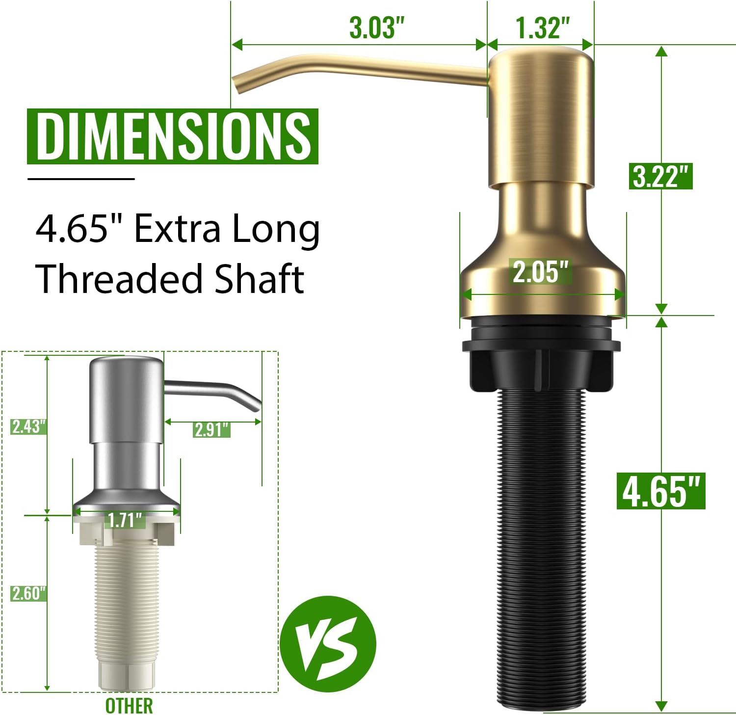 Soap Dispenser for Kitchen Sink, Kitchen Sink Soap Dispenser with 17 OZ Bottle, Refill from The Top Bar, Longer Threaded Shaft Shank, Wide Pump Head Base (Golden)