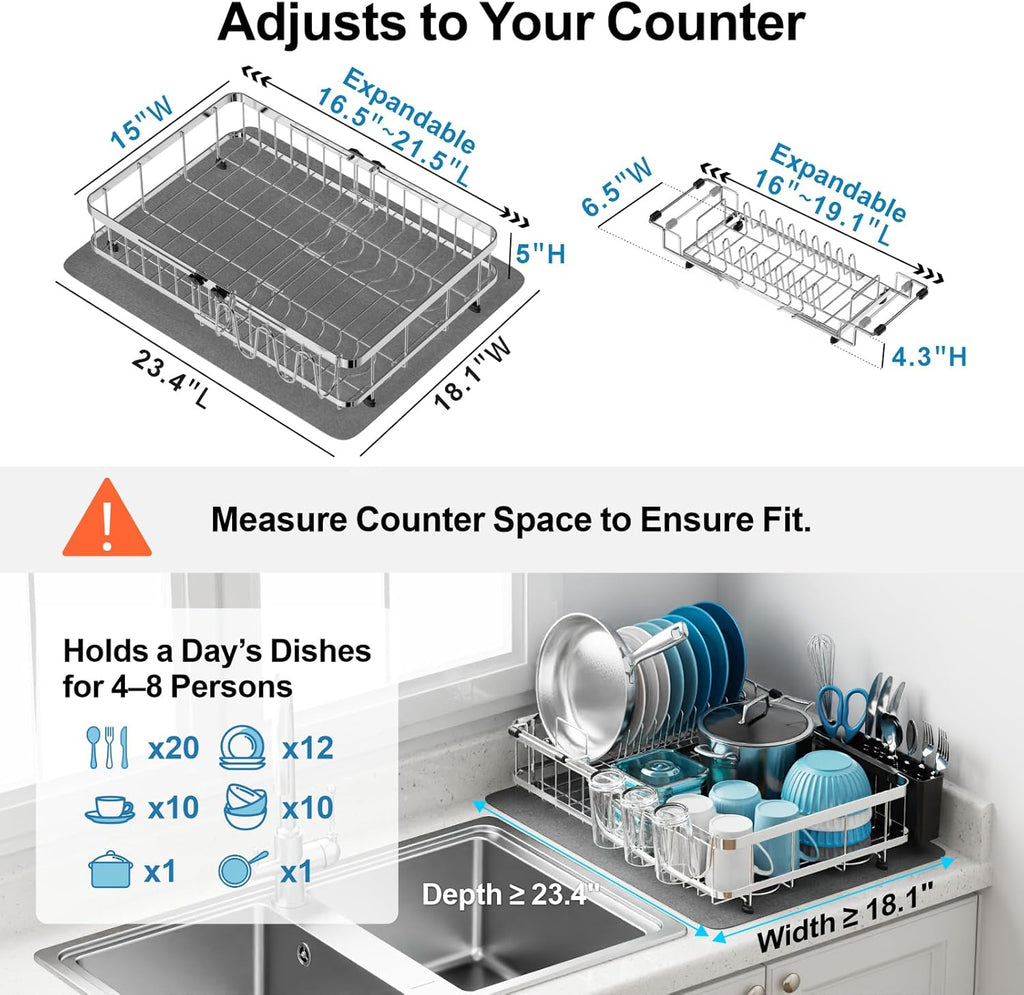 GSlife Large 2-in-1 Dish Drying Rack Set - Expandable Stainless Steel Dish Racks for Kitchen Counter & Sink, Full Size Dish Drainer with Absorbent Drying Mat Cup Holder, 16.5"-21.5" L x 15" W, Silver